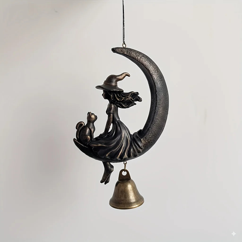 Carillon Éolien Sorcière & Chat Noir sur Lune