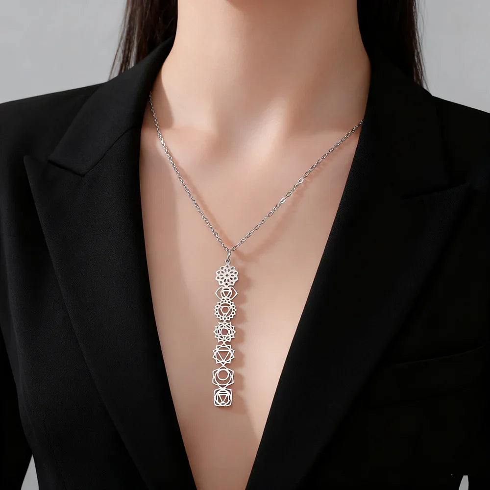 Collier 7 Chakras Fleur de Vie – Pendentif Spirituel en Acier Inoxydable pour Méditation et Yoga